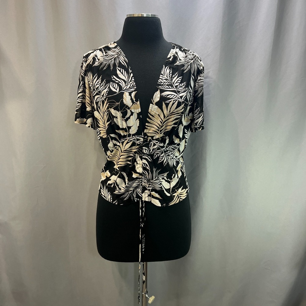 Ember Blouse Top Womens Large Black Beige Tropical Leaf Ruched Tie Front V Neck